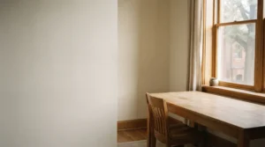 A bare pale wooden table beside a window in soft morning light