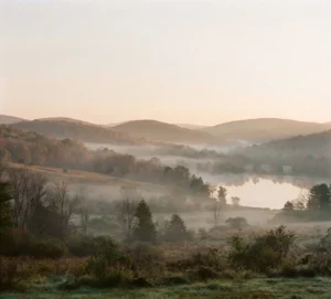 Rolling hills and a still lake under low morning mist