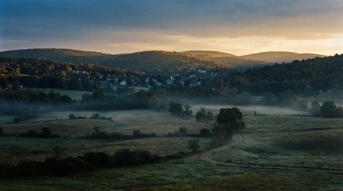 Early morning landscape near Cooperstown, central New York, with low golden light across rolling farmland and mist in the valley.