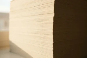 The cut edges of a stack of cream paper in shallow focus