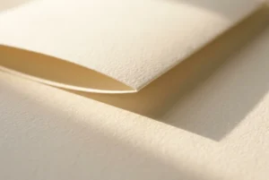 A folded sheet of heavy cream paper catching low raking light
